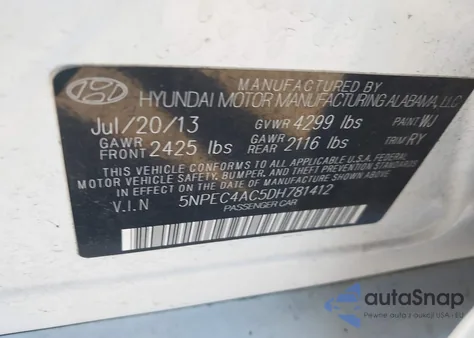 2013 Hyundai Sonata Se z USA, uszkodzony, nr VIN 5NPEC4AC5DH781412